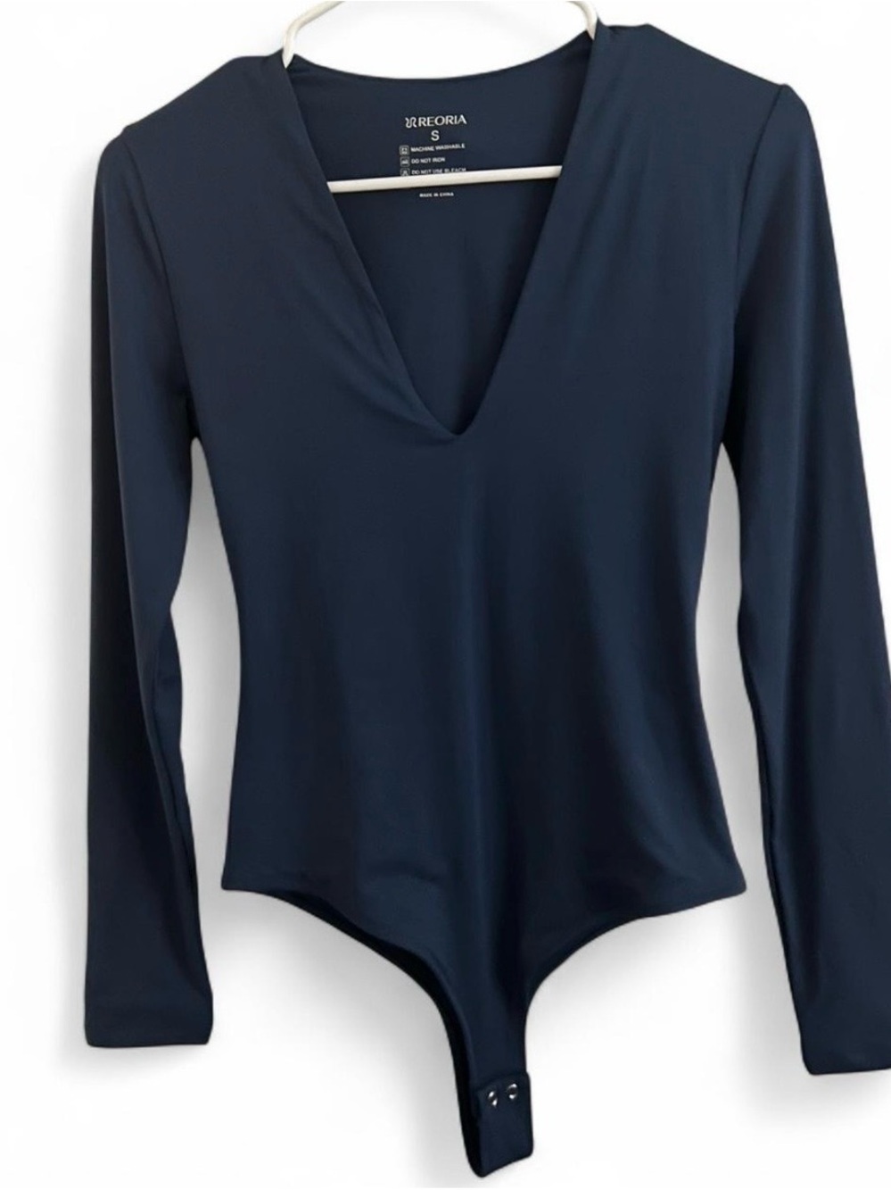 REORIA Blue Plunge V-Neck Long Sleeve Bodysuit